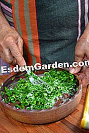 Gigitan Amaranth - (dalam) Campurkan keju biru dengan daun cincang